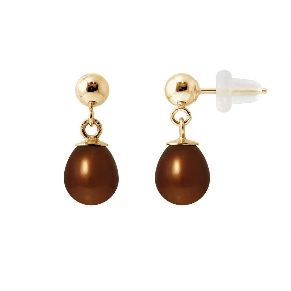 PERLINEA Boucles d'Oreilles Perles de Culture Poire Diamètre 6-7 mm Chocolat - Or Jaune