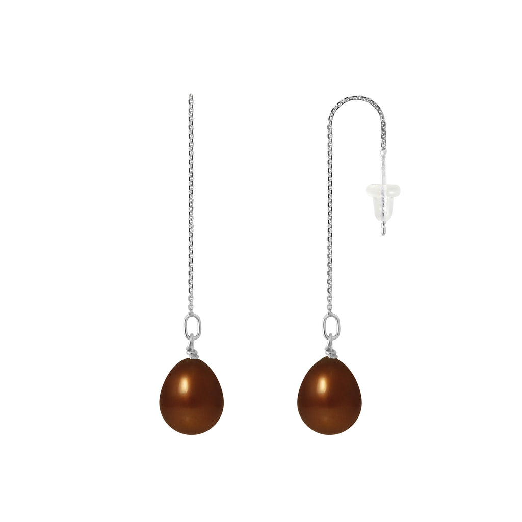 PERLINEA Boucles d'Oreilles Pendantes Perles de Culture Diamètre 8-9 mm Chocolat - Or Blanc