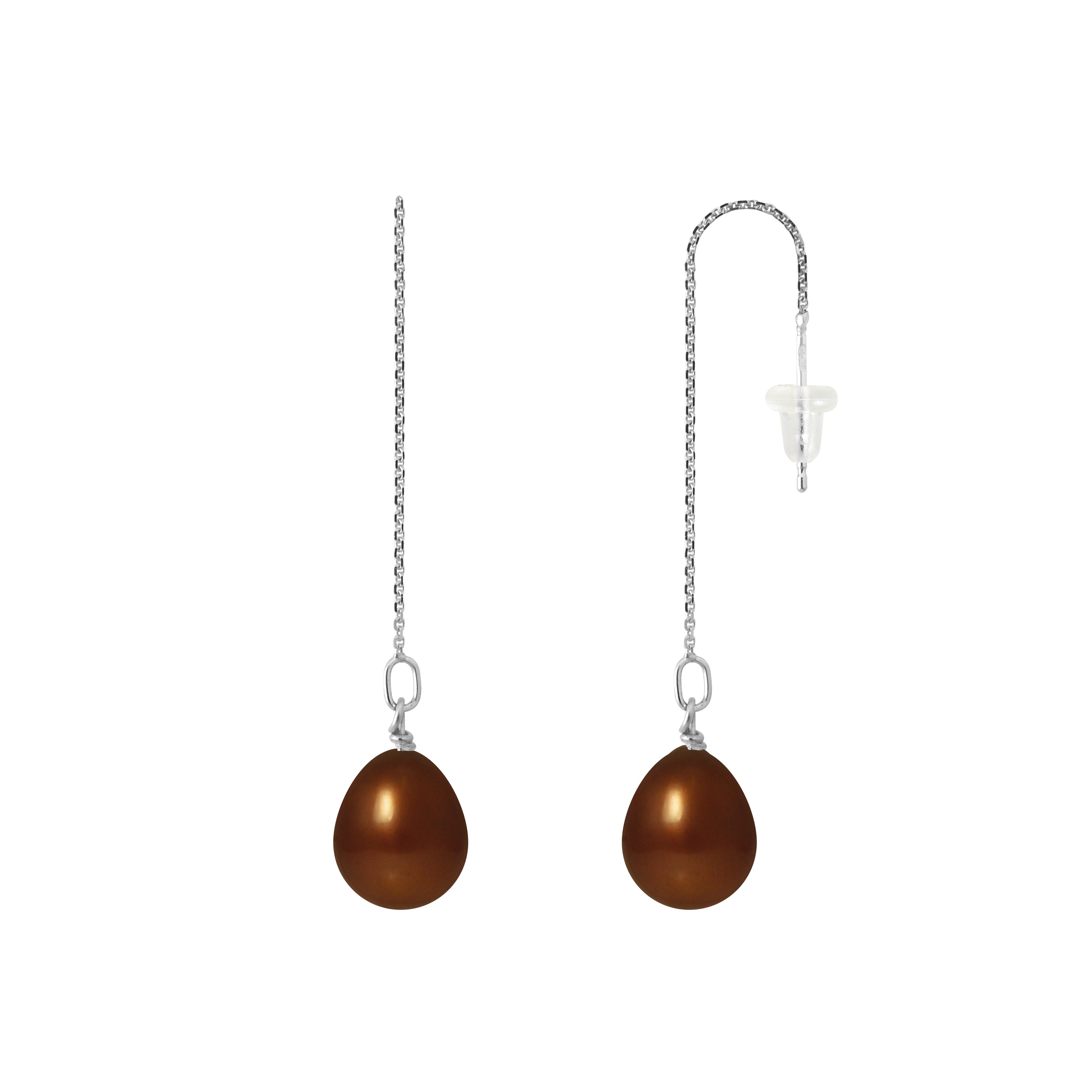 PERLINEA Boucles d'Oreilles Pendantes Perles de Culture Diamètre 8-9 mm Chocolat - Or Blanc