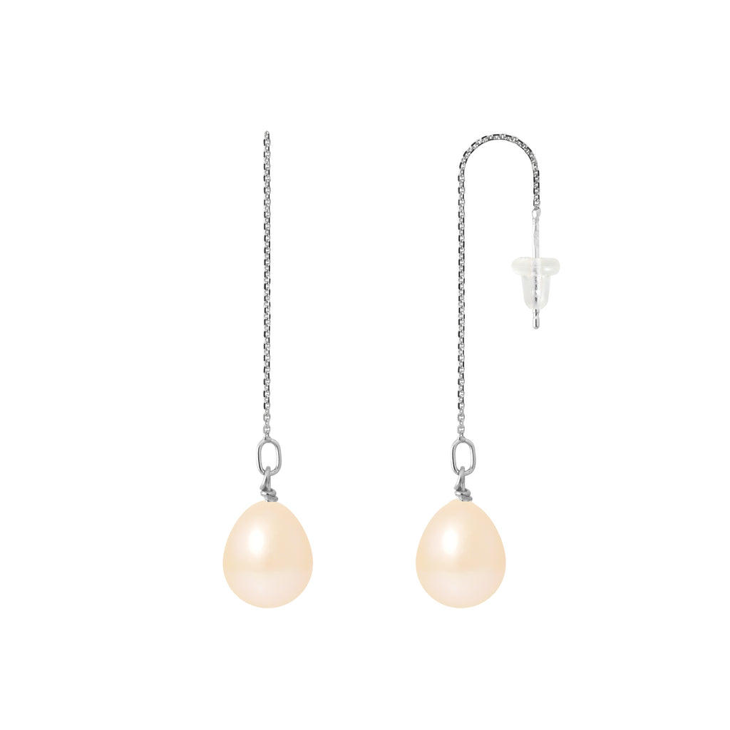 PERLINEA Boucles d'Oreilles Pendantes Perles de Culture Diamètre 8-9 mm Roses - Or Blanc