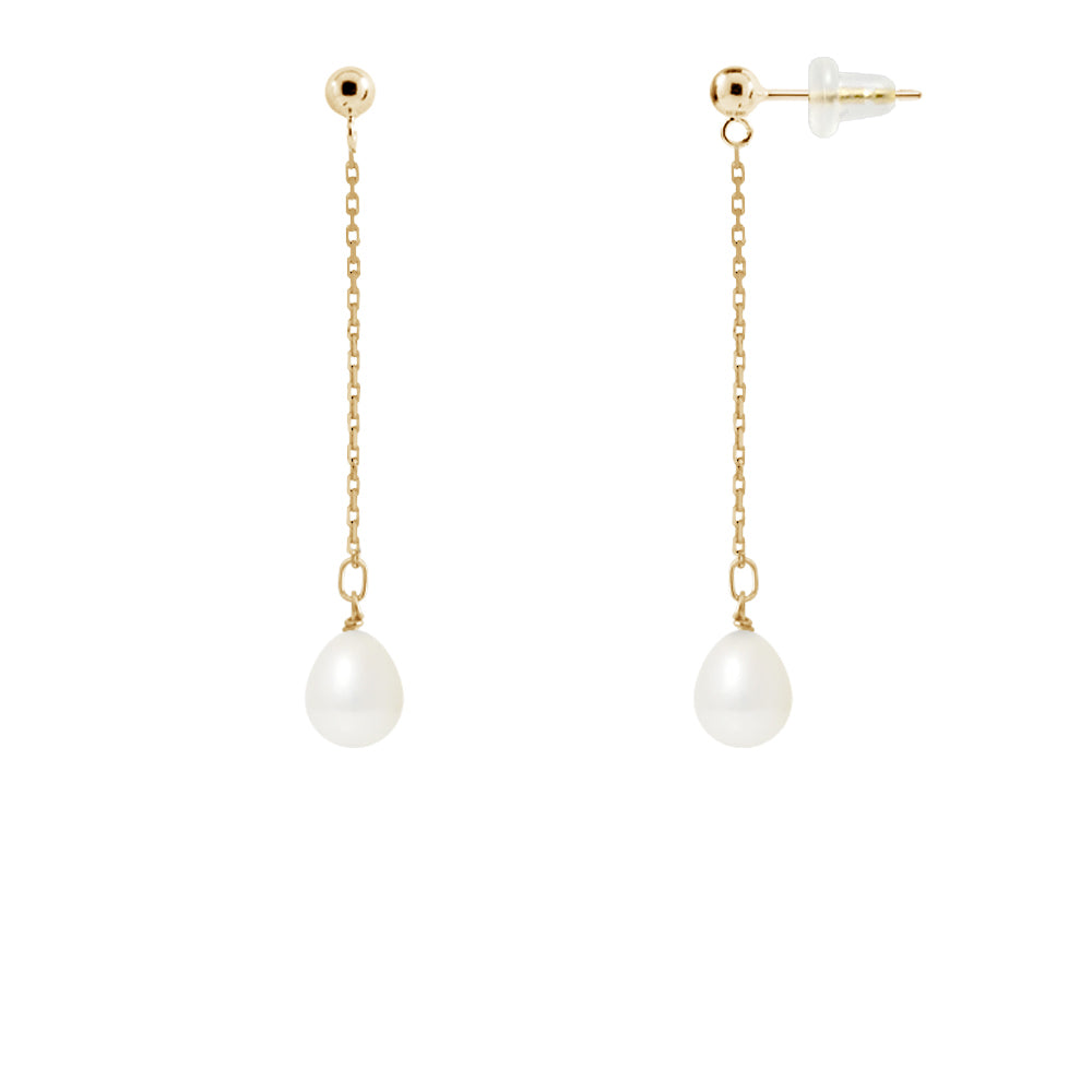 PERLINEA Boucles d'Oreilles Perles de Culture Poire Diamètre 7-8 mm Blanches - Or Jaune