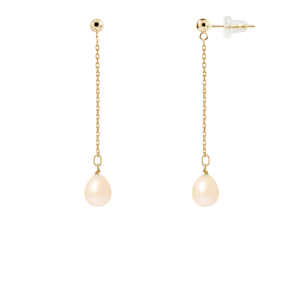 PERLINEA Boucles d'Oreilles Perles de Culture Poire Diamètre 7-8 mm Roses - Or Jaune