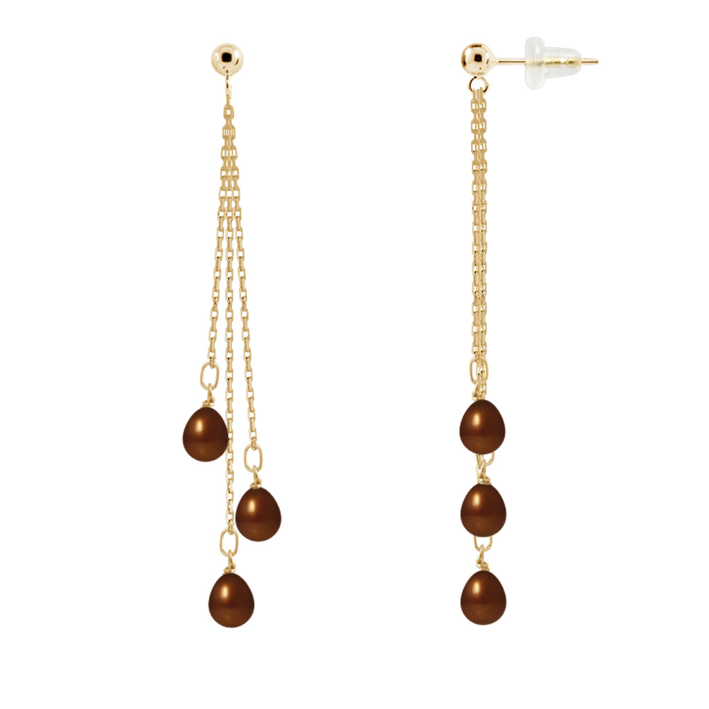 PERLINEA Boucles d'Oreilles Perles de Culture Poire Diamètre 5-6 mm Chocolat - Or Jaune
