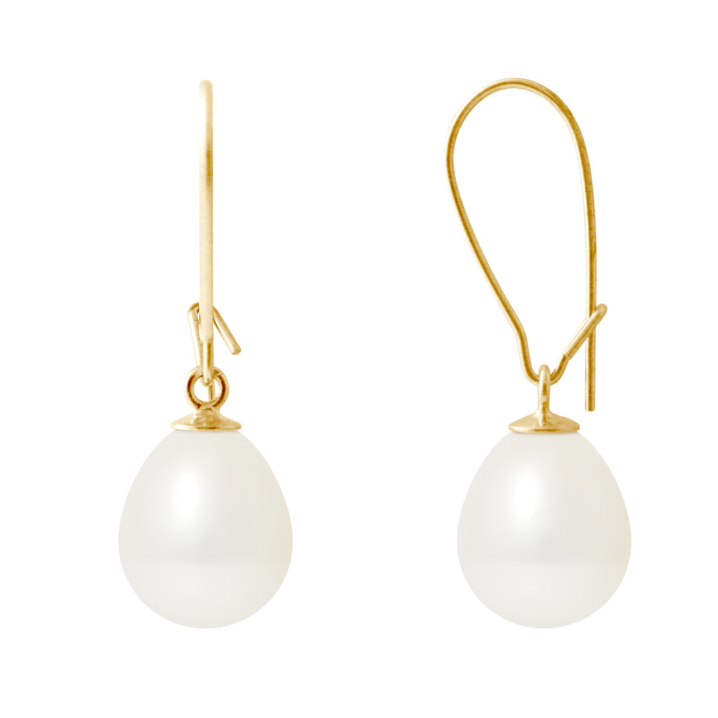 PERLINEA Boucles d'Oreilles Perles de Culture Poire Diamètre 9-10  mm Blanches - Or Jaune