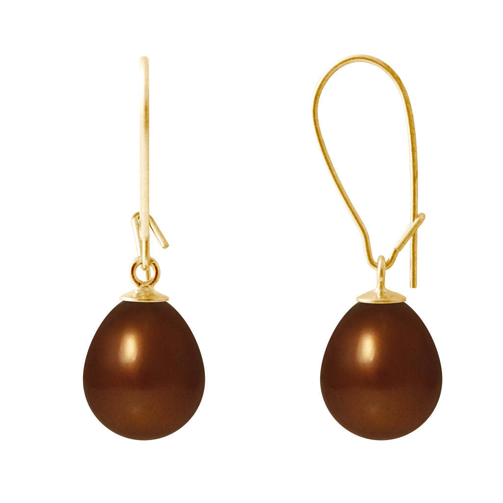 PERLINEA Boucles d'Oreilles Perles de Culture Poire Diamètre 9-10 mm Chocolat - Or Jaune