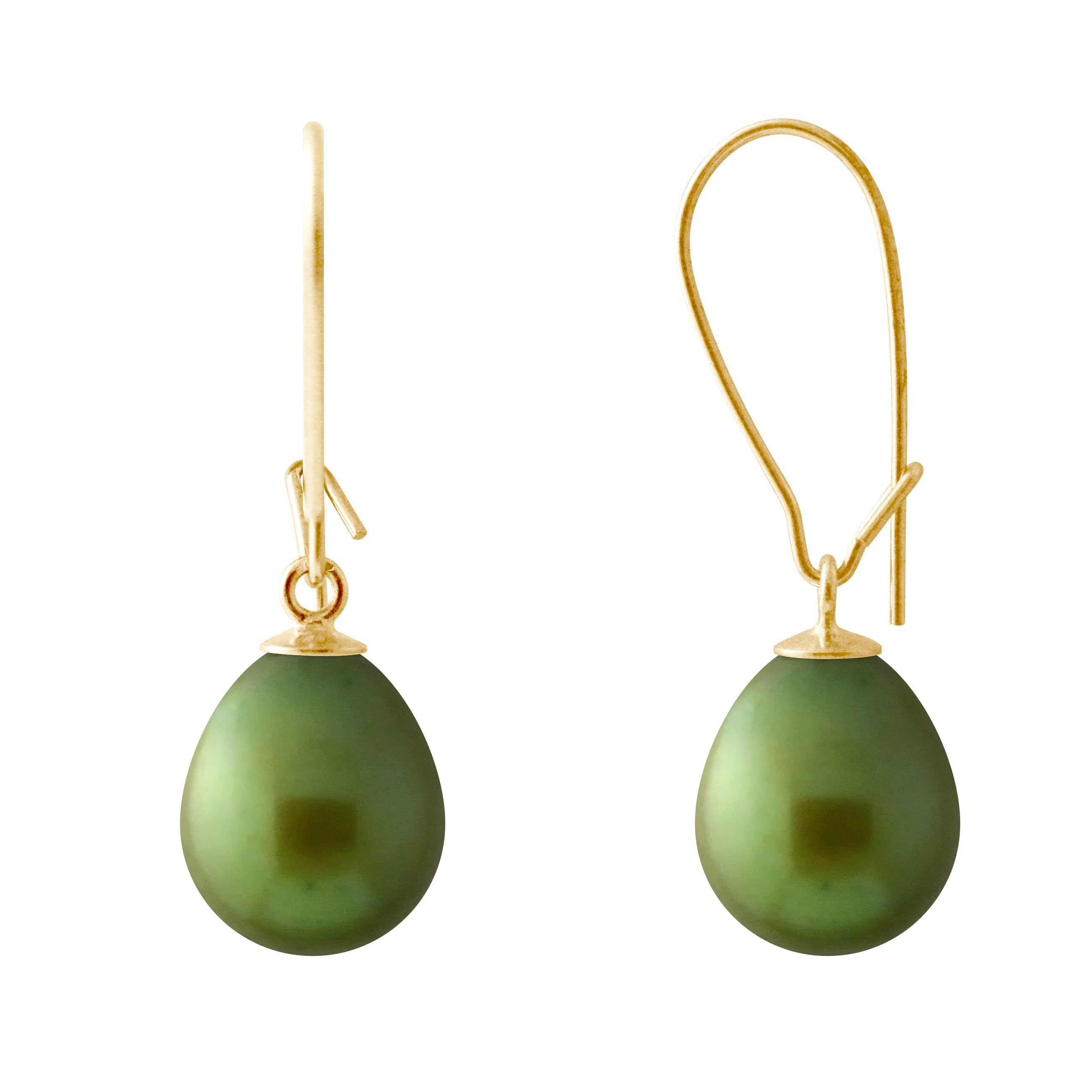 PERLINEA Boucles d'Oreilles Perles de Culture Poire Diamètre 9-10 mm Vert Intense - Or Jaune
