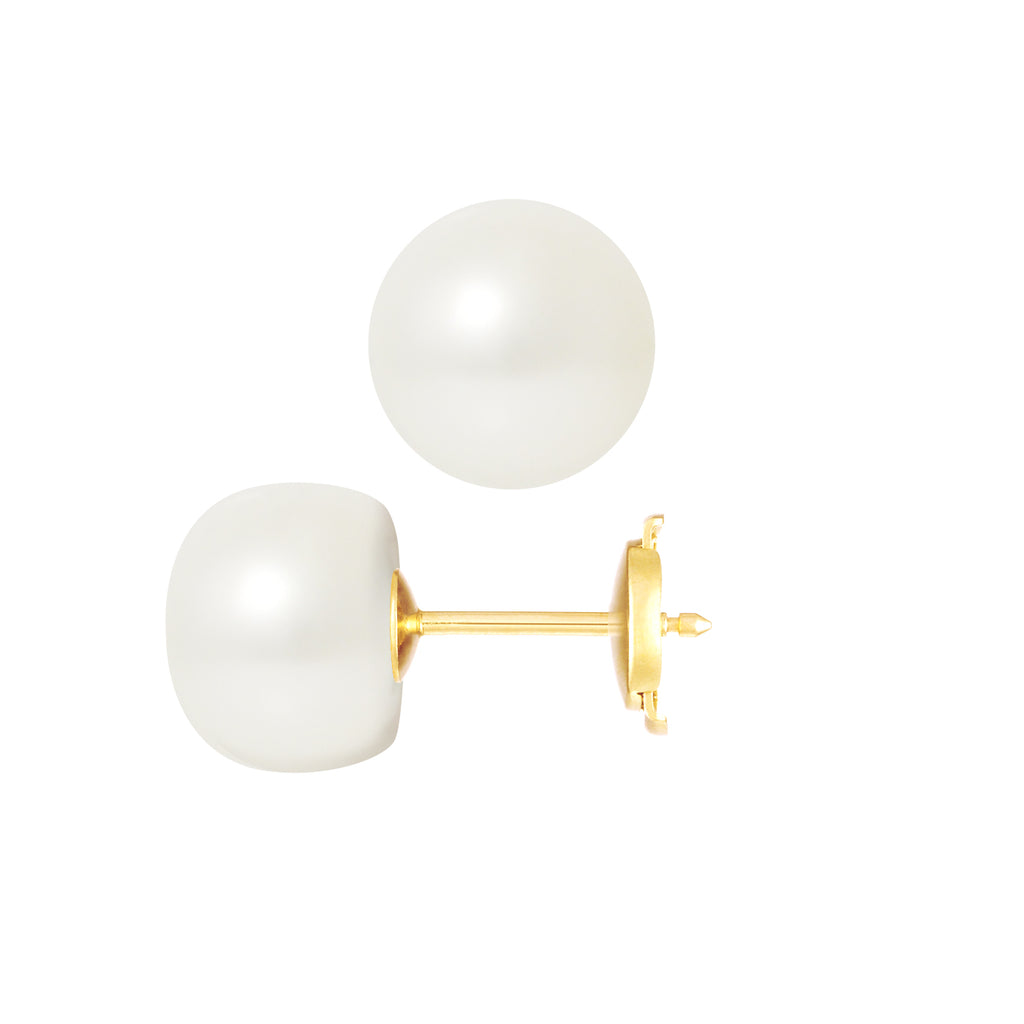 PERLINEA Boucles d'Oreilles Perles De Culture Bouton Diamètre 9-10 mm Blanches - Or Jaune