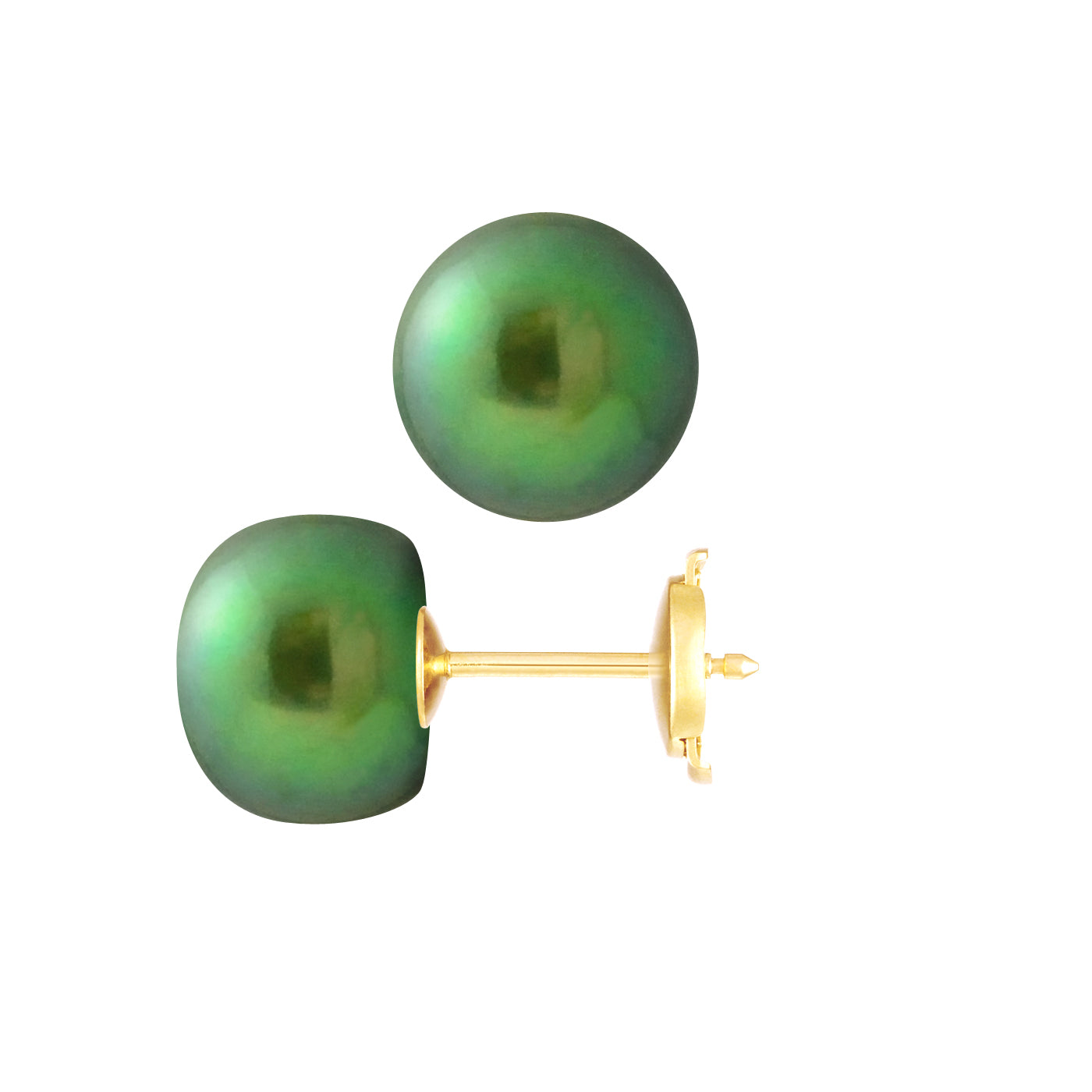PERLINEA Boucles d'Oreilles Perles de Culture Bouton Diamètre 9-10 mm Vert Intense - Or Jaune