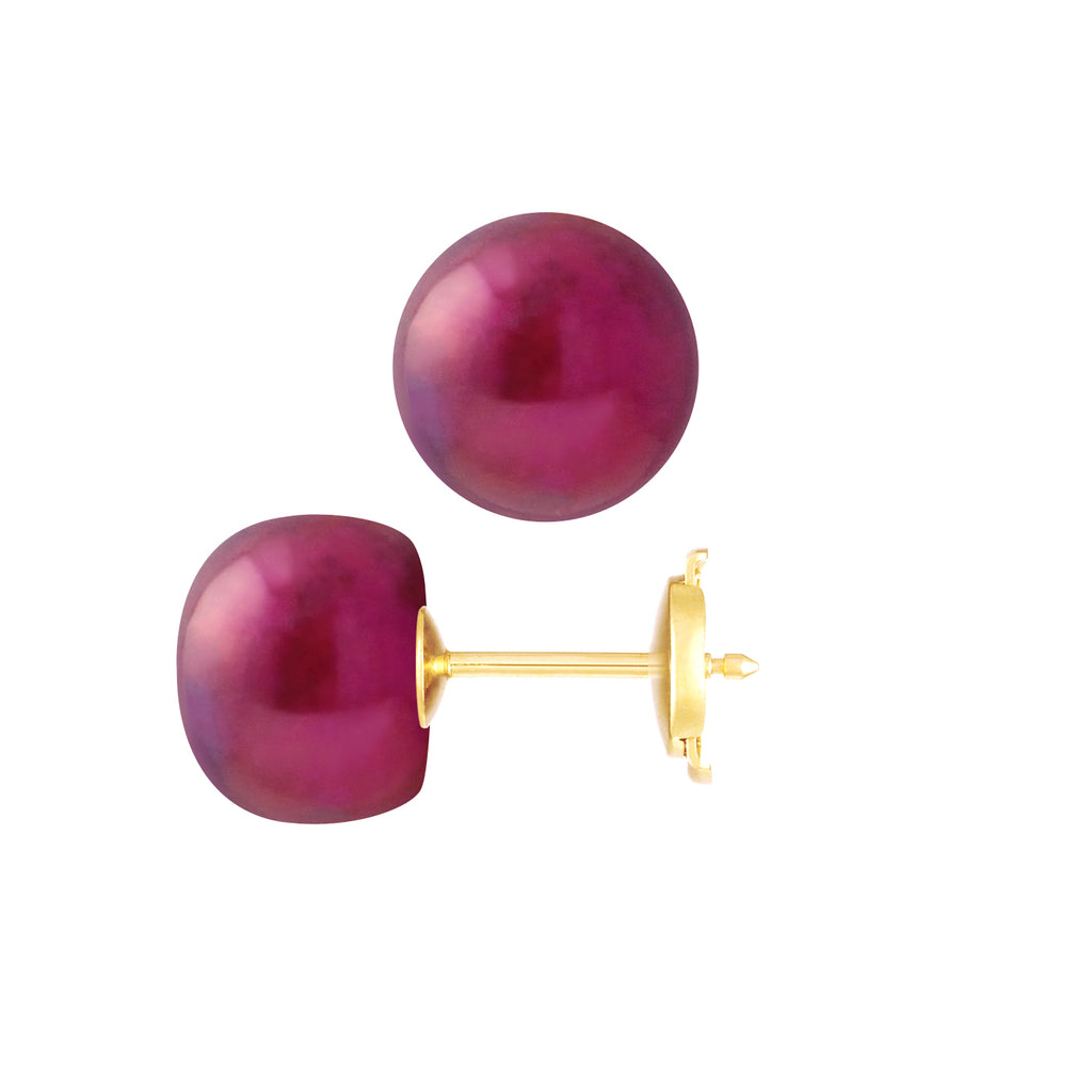 PERLINEA Boucles d'Oreilles Perles de Culture Diamètre 9-10 mm Rouge Cerise - Or Jaune
