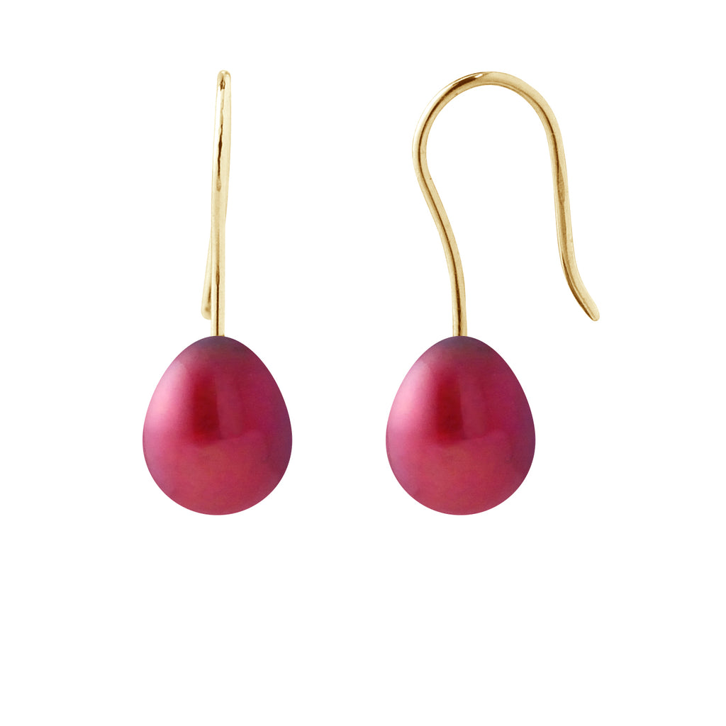 PERLINEA Boucles d'Oreilles Perles de Culture Diamètre 7-8 mm Rouge Cerise - Or Jaune
