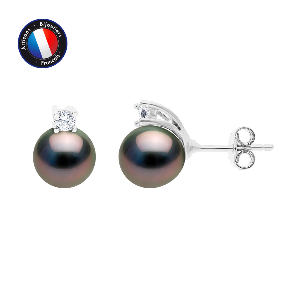 PERLINEA Boucles d'Oreilles Perles de Culture de Tahiti Diamètre 8-9 mm - Argent 925 Millièmes