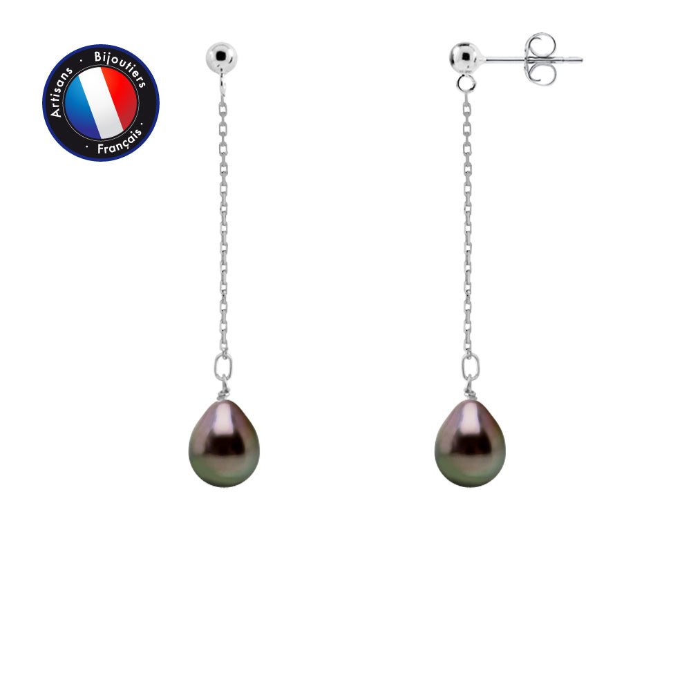 PERLINEA Boucles d'Oreilles Pendantes Perles de Culture de Tahiti Diamètre 8-9 - Argent 925 Millièmes