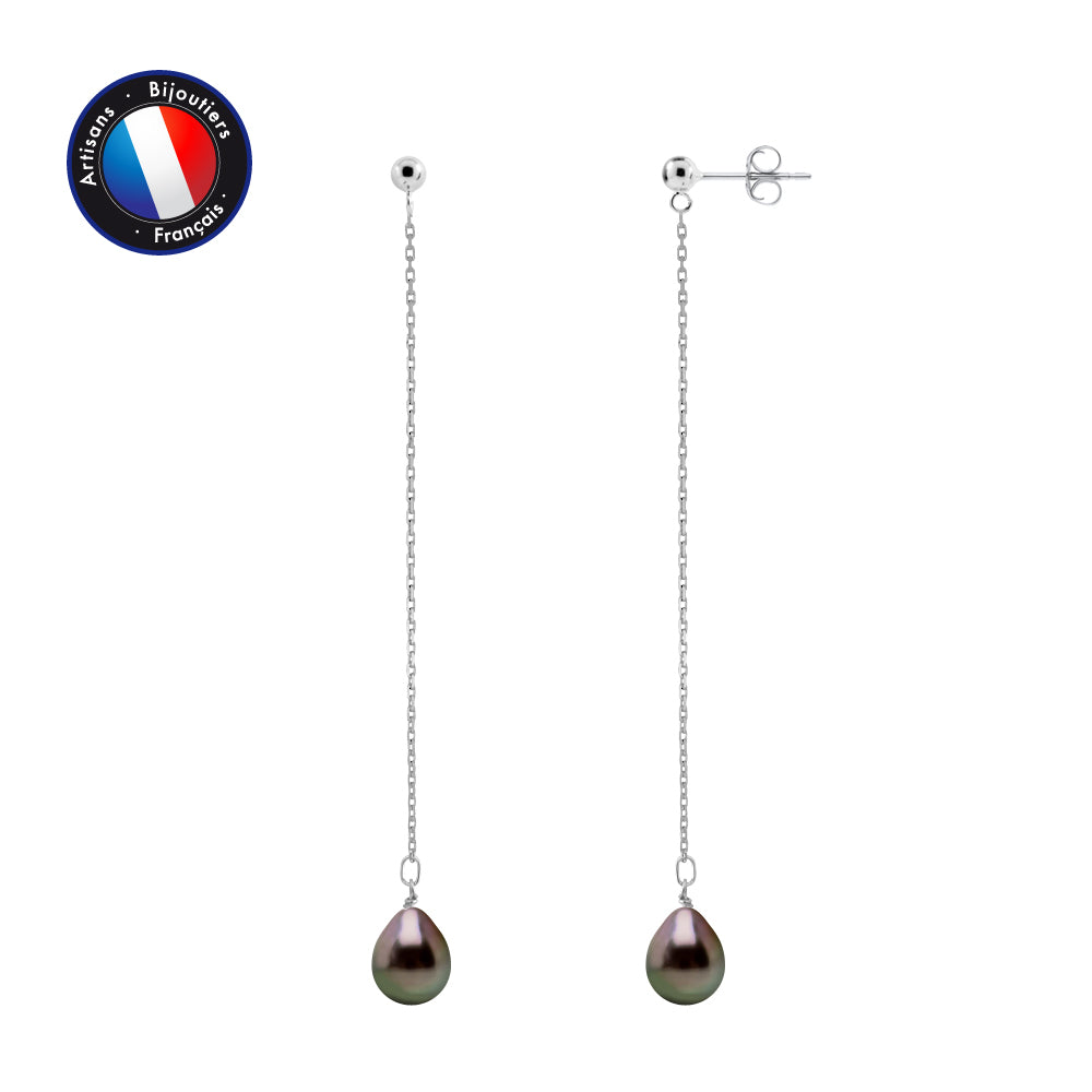 PERLINEA Boucles d'Oreilles Pendantes Perles de Culture de Tahiti Ovales Diamètre 8-9 mm - Argent 925 Millièmes