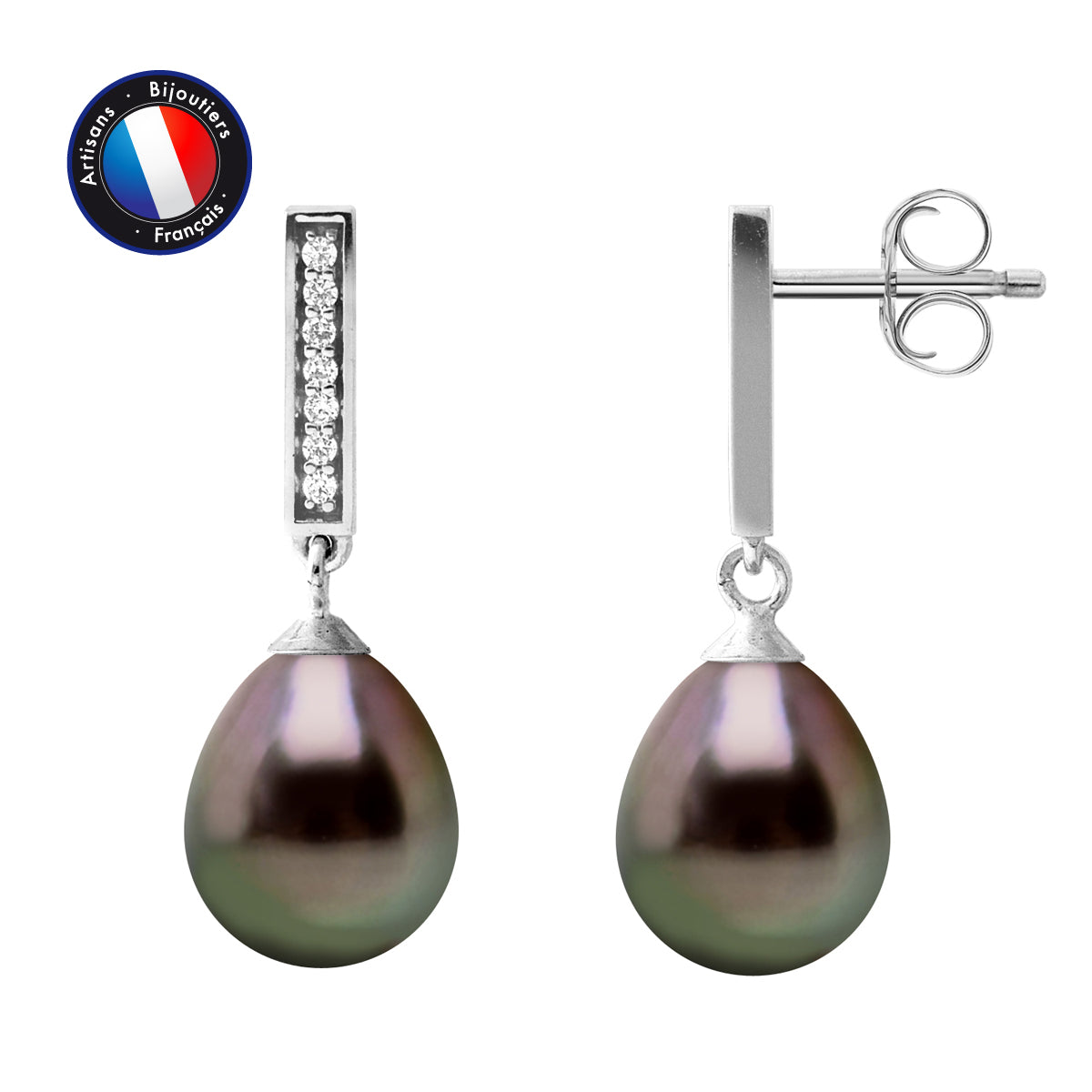 PERLINEA Boucles d'Oreilles Perles de Culture de Tahiti Poire Diamètre 8-9 mm - Argent 925 Millièmes