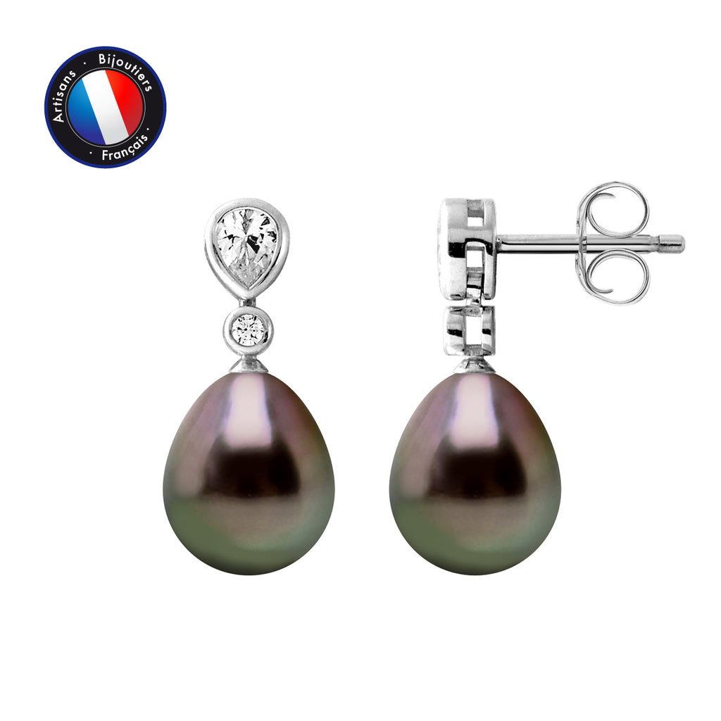 PERLINEA Boucles d'Oreilles Perles de Culture de Tahiti Poire Diamètre 8-9 mm - Argent 925 Millièmes